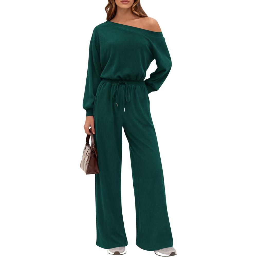 imagePRETTYGARDEN Long Sleeve Jumpsuit For Women Dressy 2025 Off Shoulder One Piece Loose Wide Leg Jumpsuits Casual Flowy RomperDark Green