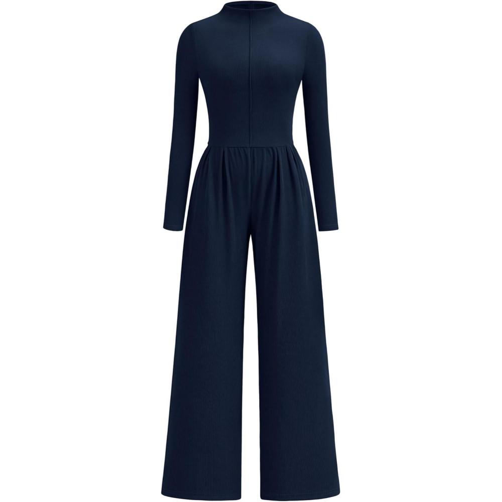imagePRETTYGARDEN Long Sleeve Jumpsuit for Women 2025 Fall Date Night Rompers Dressy Casual One Piece Mock Neck Jumpsuits PocketsNavy Blue