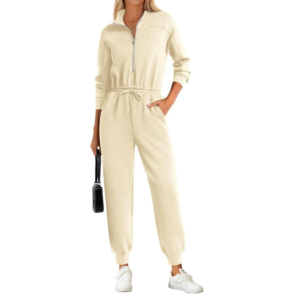 imagePRETTYGARDEN Long Sleeve Jumpsuits for Women Casual 2026 Fall Fashion Zip Up Pant Rompers One Piece Sweatsuits Travel OutfitsApricot