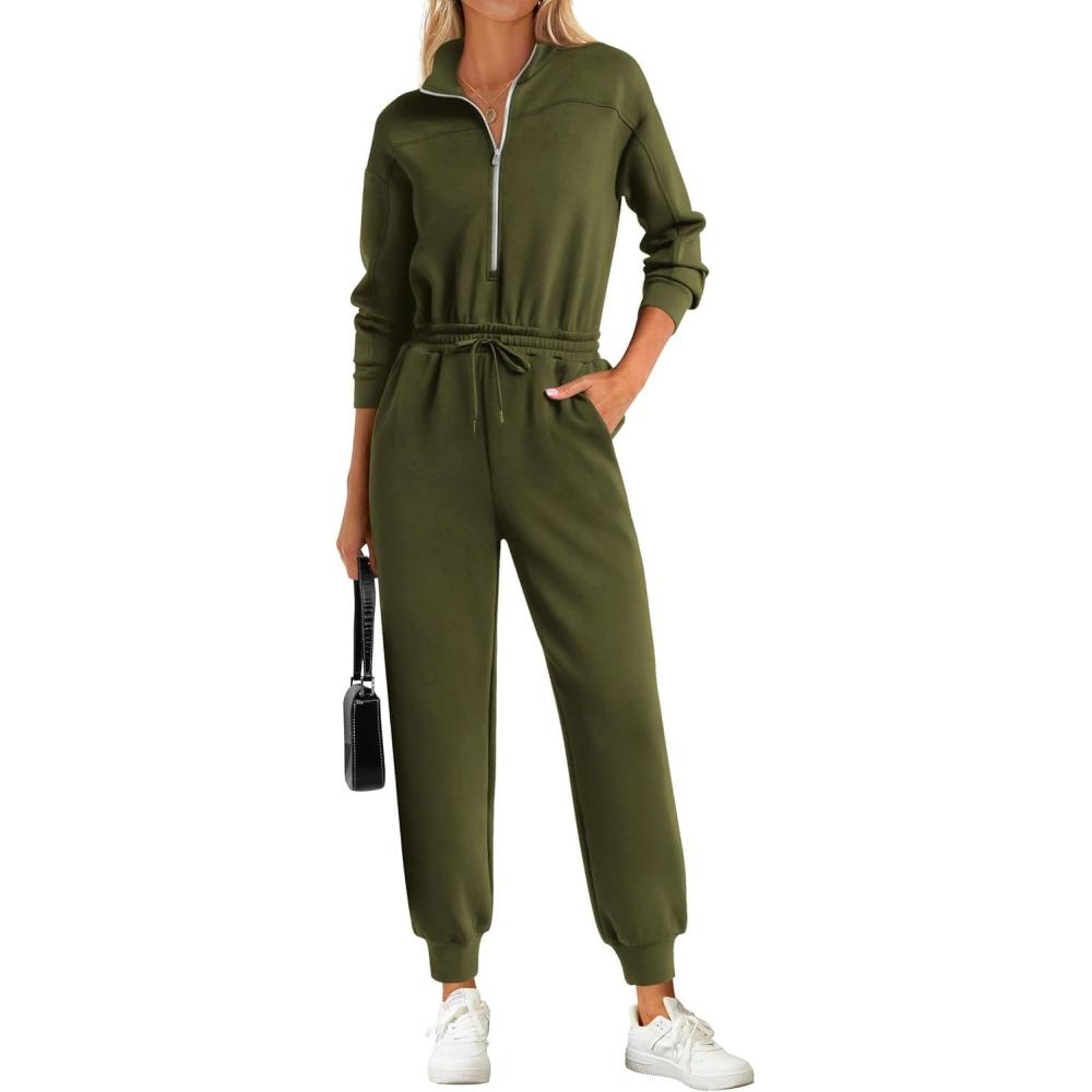 imagePRETTYGARDEN Long Sleeve Jumpsuits for Women Casual 2026 Fall Fashion Zip Up Pant Rompers One Piece Sweatsuits Travel OutfitsArmy Green