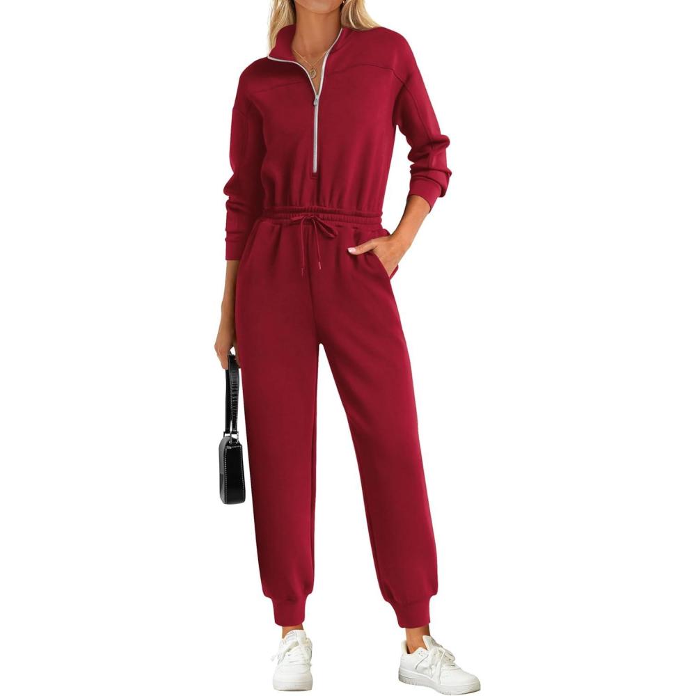 imagePRETTYGARDEN Long Sleeve Jumpsuits for Women Casual 2026 Fall Fashion Zip Up Pant Rompers One Piece Sweatsuits Travel OutfitsBurgundy