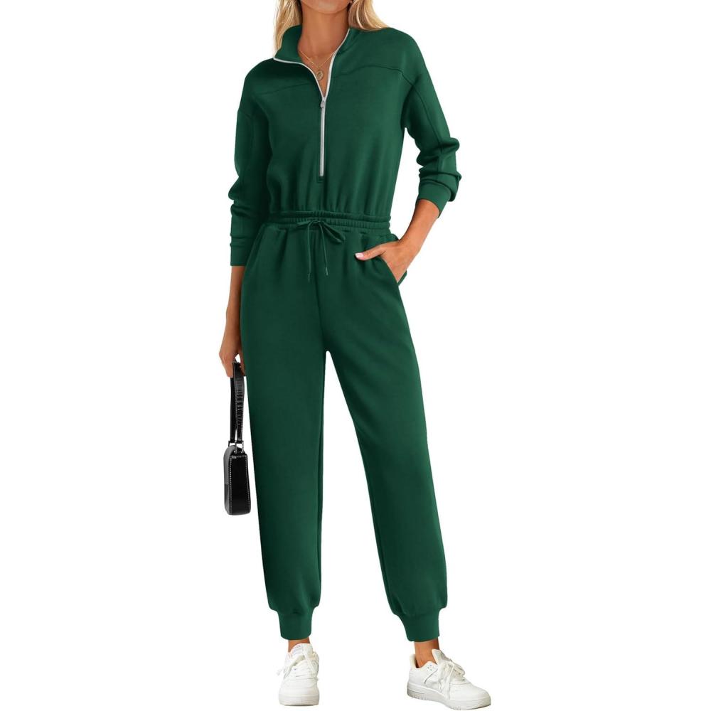 imagePRETTYGARDEN Long Sleeve Jumpsuits for Women Casual 2026 Fall Fashion Zip Up Pant Rompers One Piece Sweatsuits Travel OutfitsGreen
