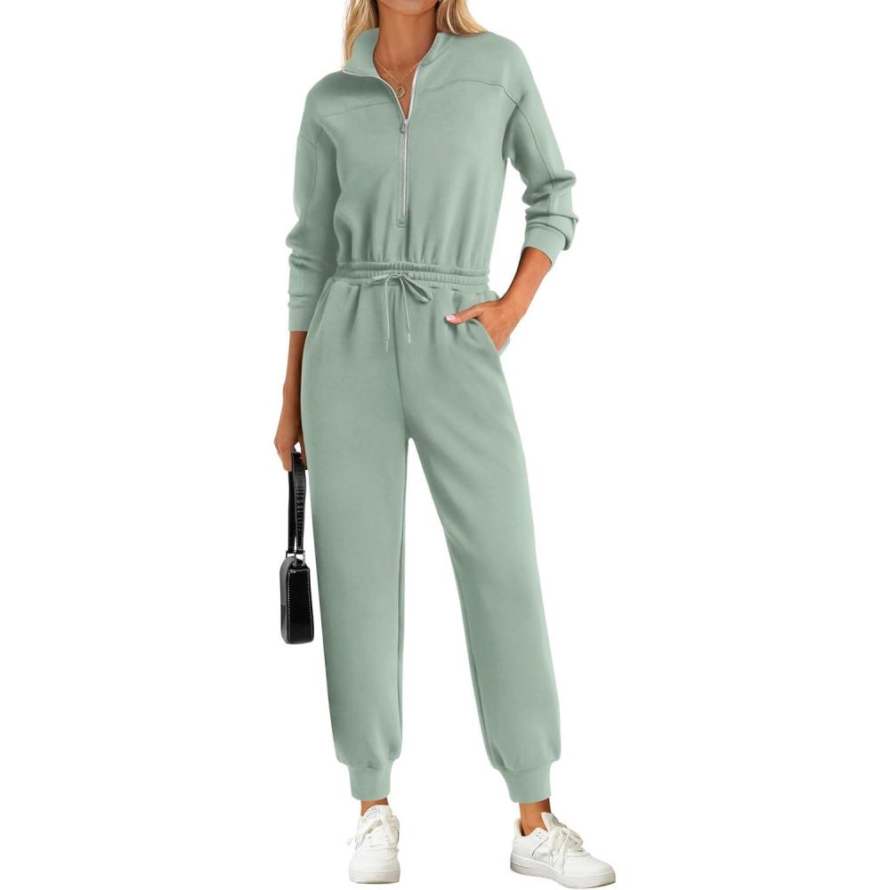 imagePRETTYGARDEN Long Sleeve Jumpsuits for Women Casual 2026 Fall Fashion Zip Up Pant Rompers One Piece Sweatsuits Travel OutfitsLight Green