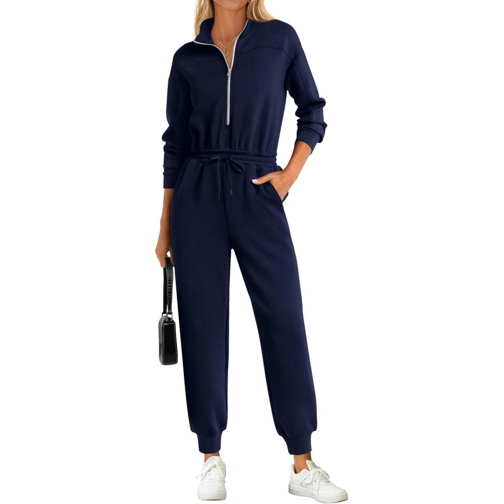 imagePRETTYGARDEN Long Sleeve Jumpsuits for Women Casual 2026 Fall Fashion Zip Up Pant Rompers One Piece Sweatsuits Travel OutfitsNavy Blue
