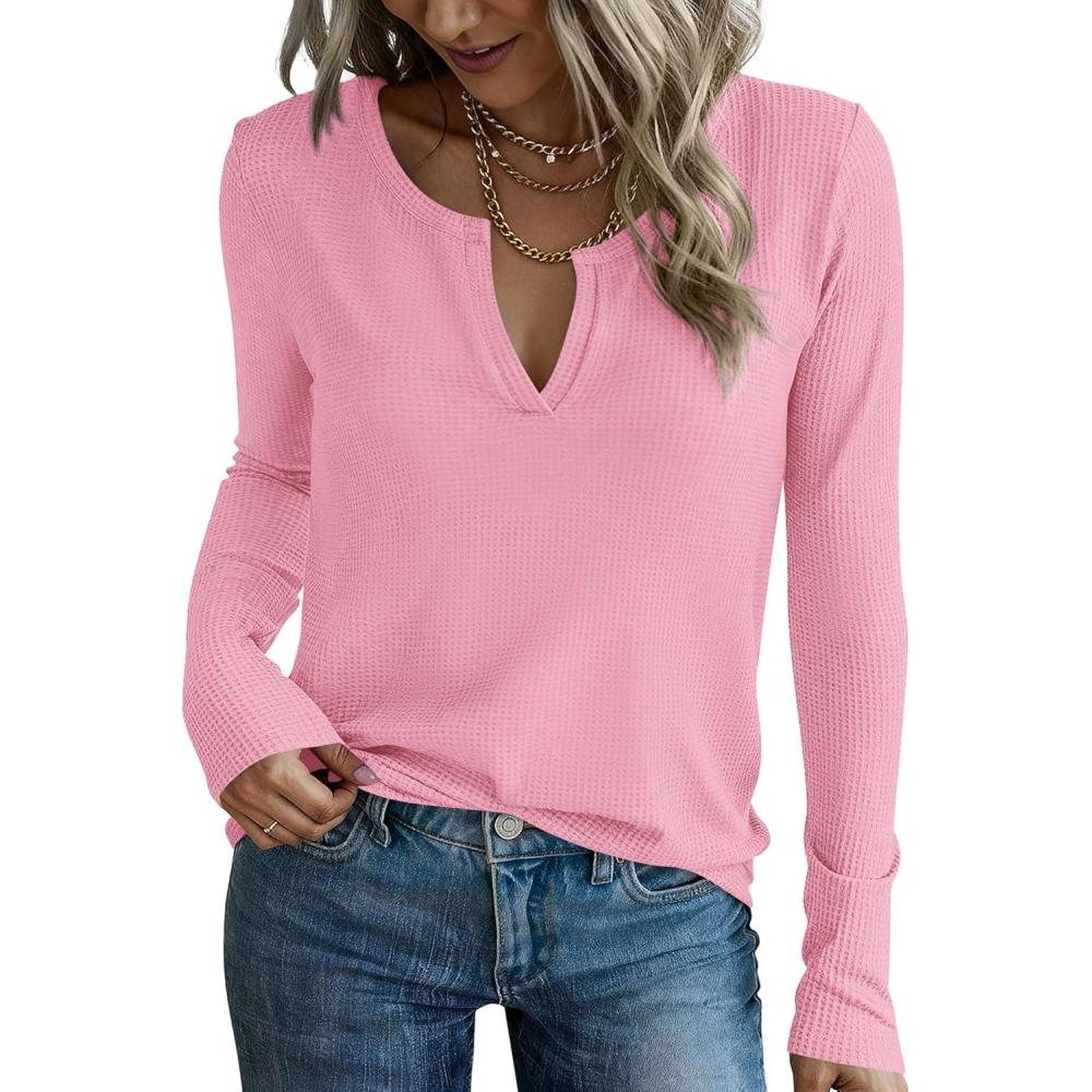 imagePRETTYGARDEN Long Sleeve Shirts for Women 2025 Fall V Neck Waffle Basic Tee Dressy Casual Winter Blouses Knit Tunic TopsPink