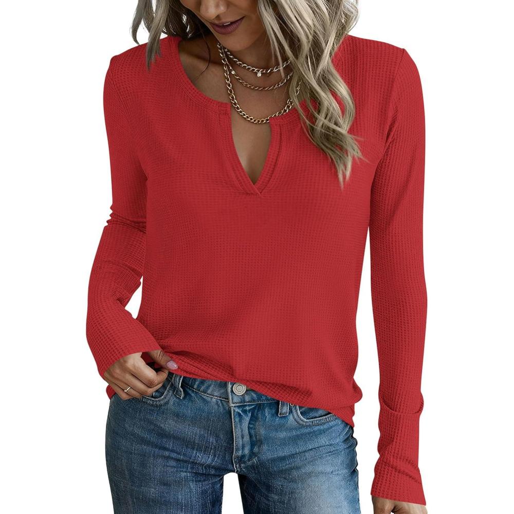 imagePRETTYGARDEN Long Sleeve Shirts for Women 2025 Fall V Neck Waffle Basic Tee Dressy Casual Winter Blouses Knit Tunic TopsRed