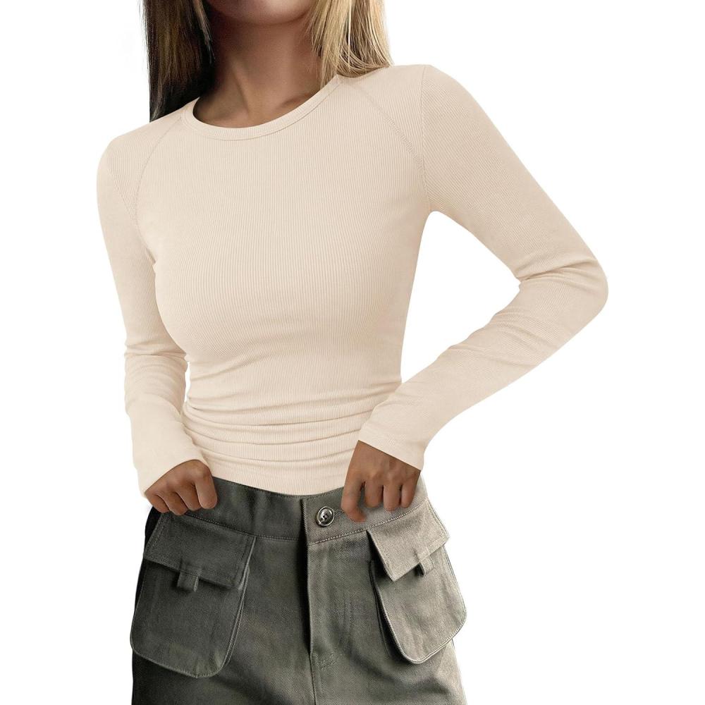 imagePRETTYGARDEN Long Sleeve Shirts for Women Fall Going Out Tops Casual Ribbed Knit Slim Fitted Basic Tees Y2K Spring ClothesBeige