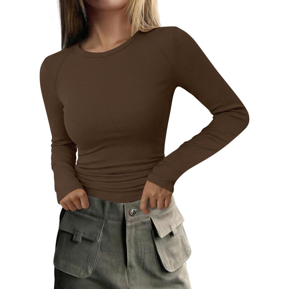 imagePRETTYGARDEN Long Sleeve Shirts for Women Fall Going Out Tops Casual Ribbed Knit Slim Fitted Basic Tees Y2K Spring ClothesBrown