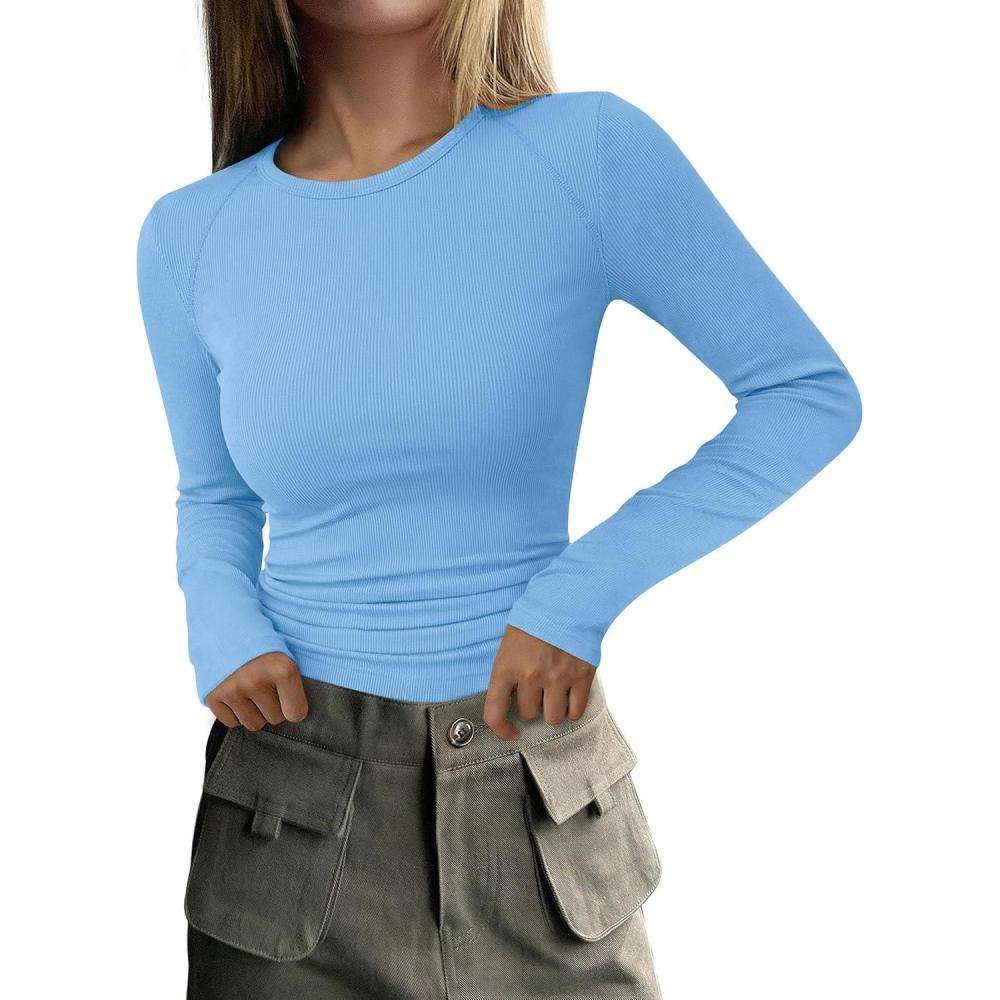 imagePRETTYGARDEN Long Sleeve Shirts for Women Fall Going Out Tops Casual Ribbed Knit Slim Fitted Basic Tees Y2K Spring ClothesLight Blue