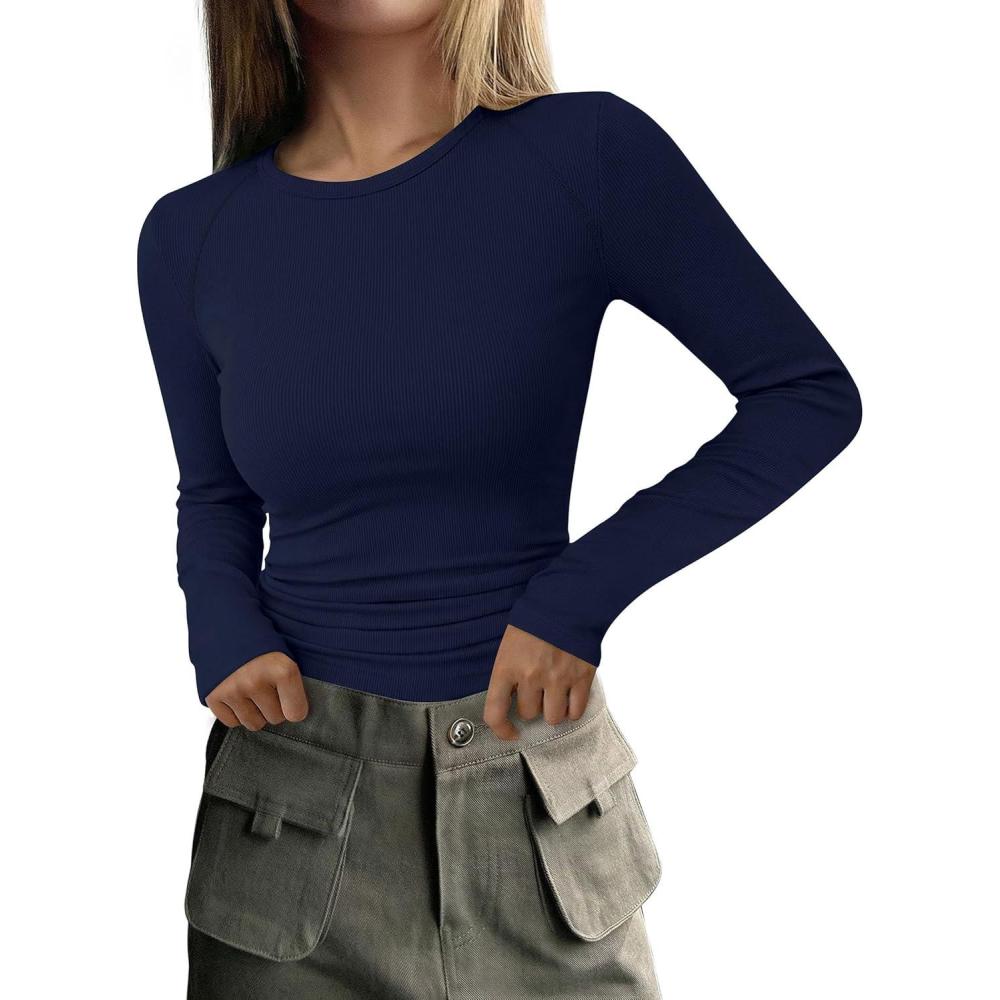 imagePRETTYGARDEN Long Sleeve Shirts for Women Fall Going Out Tops Casual Ribbed Knit Slim Fitted Basic Tees Y2K Spring ClothesNavy Blue