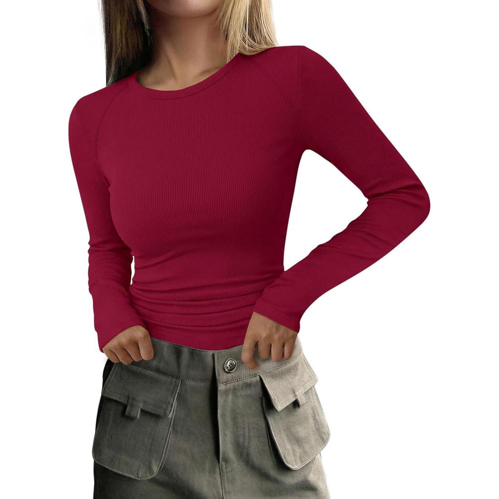 imagePRETTYGARDEN Long Sleeve Shirts for Women Fall Going Out Tops Casual Ribbed Knit Slim Fitted Basic Tees Y2K Spring ClothesRed