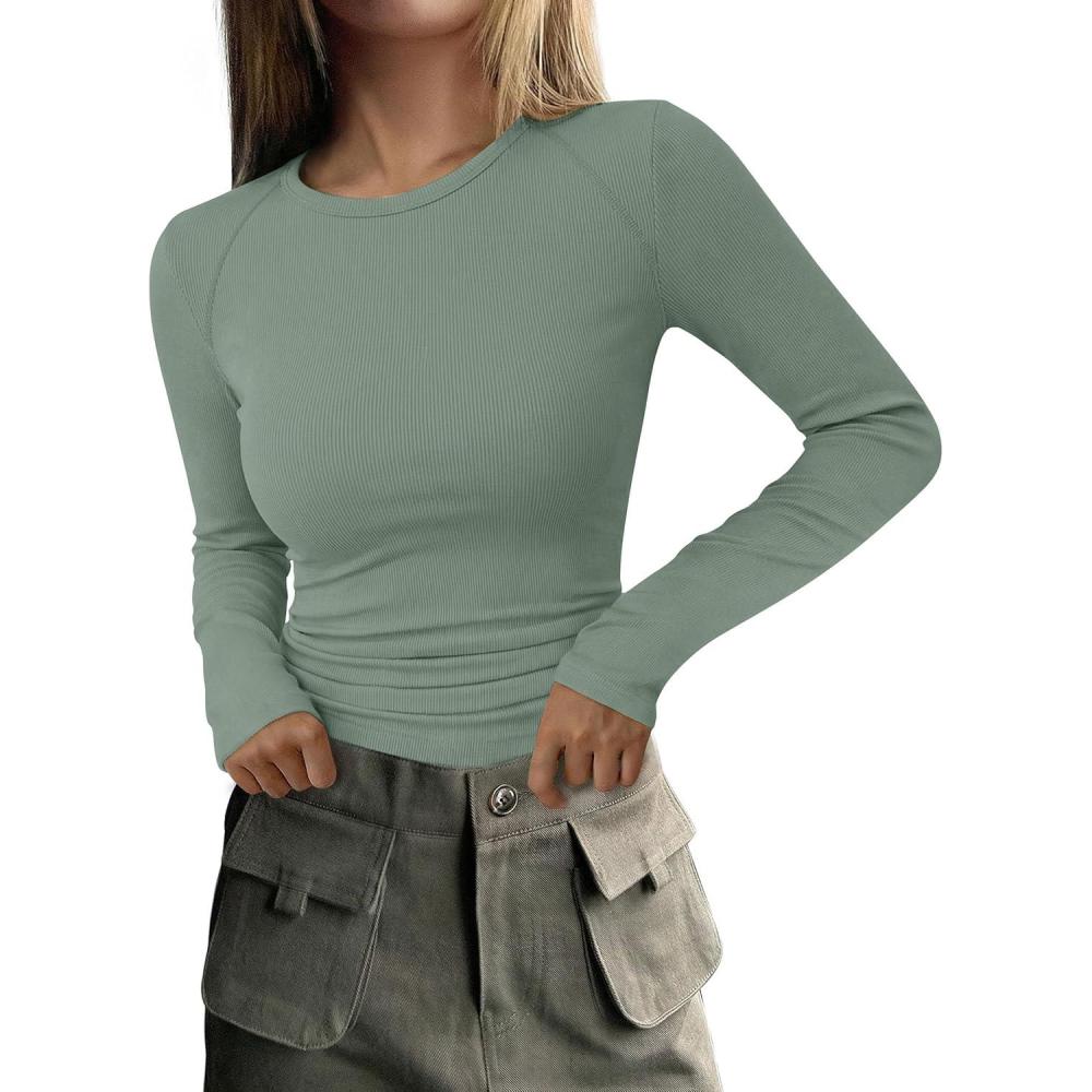 imagePRETTYGARDEN Long Sleeve Shirts for Women Fall Going Out Tops Casual Ribbed Knit Slim Fitted Basic Tees Y2K Spring ClothesSage Green