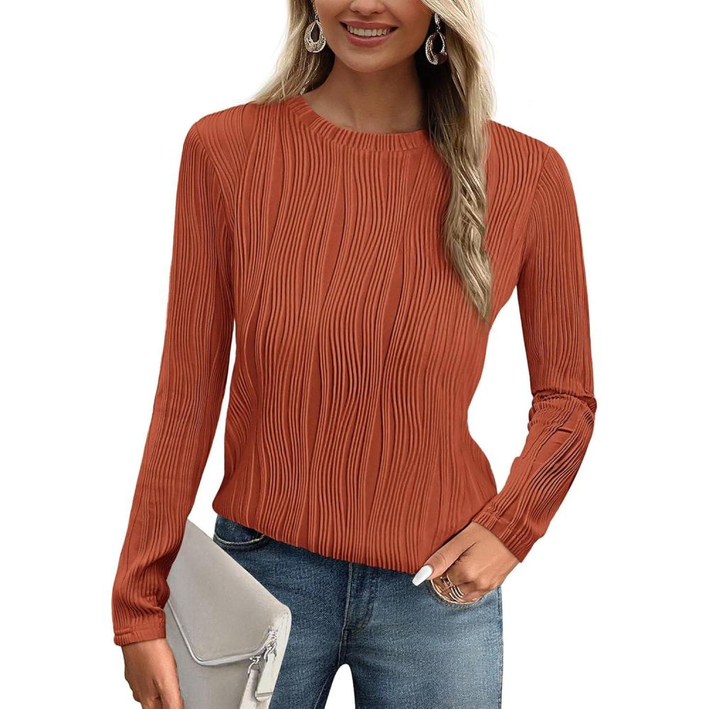 imagePRETTYGARDEN Long Sleeve Tops for Women 2025 Spring Fall Trendy Business Dressy Casual Shirts Crewneck Textured BlouseBrick Red
