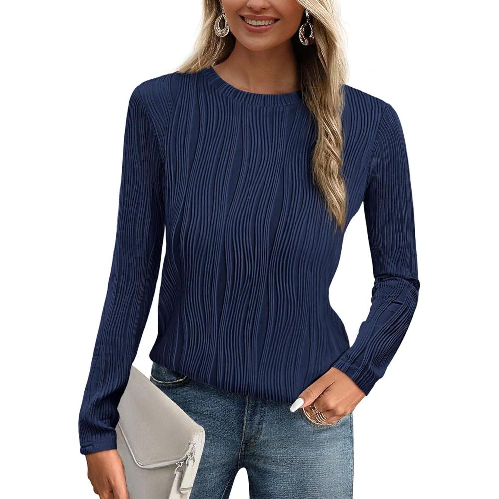 imagePRETTYGARDEN Long Sleeve Tops for Women 2025 Spring Fall Trendy Business Dressy Casual Shirts Crewneck Textured BlouseNavy