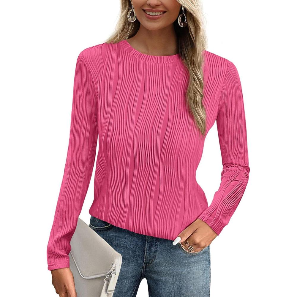 imagePRETTYGARDEN Long Sleeve Tops for Women 2025 Spring Fall Trendy Business Dressy Casual Shirts Crewneck Textured BlouseRose Red