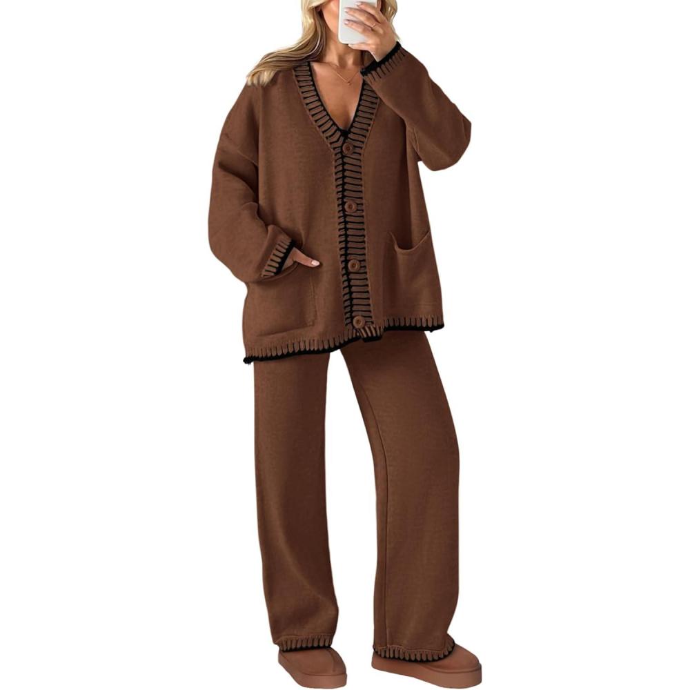 imagePRETTYGARDEN Lounge Sets for Women Fall 2026 Loungewear 2 Piece Outfits Cardigan Sweaters Track Suit Matching Winter ClothingCoffee