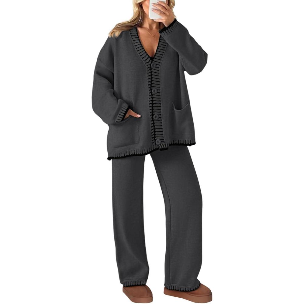 imagePRETTYGARDEN Lounge Sets for Women Fall 2026 Loungewear 2 Piece Outfits Cardigan Sweaters Track Suit Matching Winter ClothingDark Grey