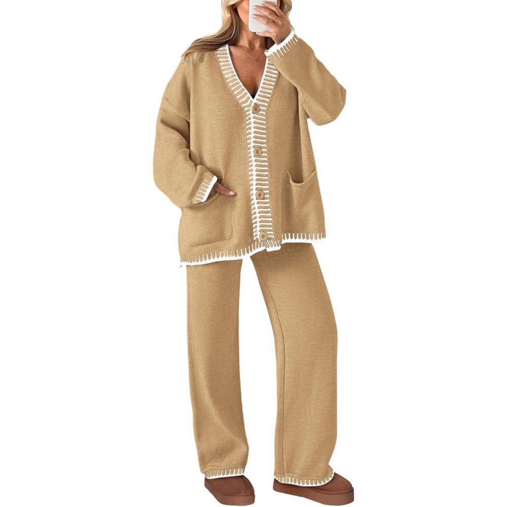 imagePRETTYGARDEN Lounge Sets for Women Fall 2026 Loungewear 2 Piece Outfits Cardigan Sweaters Track Suit Matching Winter ClothingKhaki