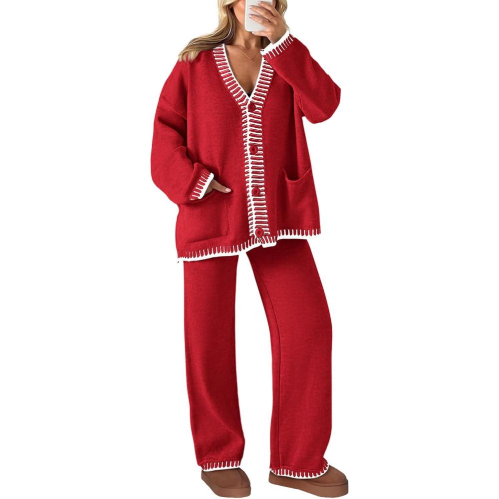 imagePRETTYGARDEN Lounge Sets for Women Fall 2026 Loungewear 2 Piece Outfits Cardigan Sweaters Track Suit Matching Winter ClothingRed