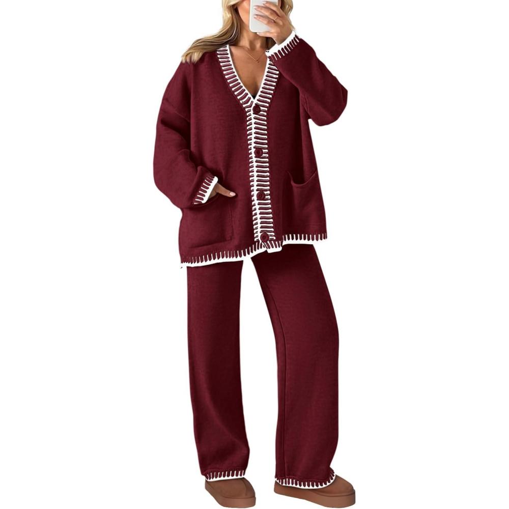 imagePRETTYGARDEN Lounge Sets for Women Fall 2026 Loungewear 2 Piece Outfits Cardigan Sweaters Track Suit Matching Winter ClothingWine Red