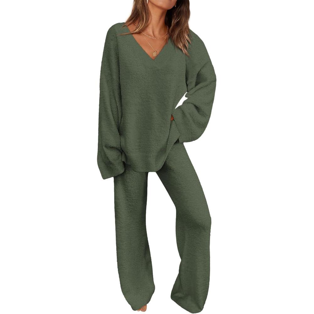 imagePRETTYGARDEN Lounge Sets for Women Two Piece Sweaters Pajama Set Fall Fashion 2026 Loungewear Outfits Matching Winter ClothesArmy Green