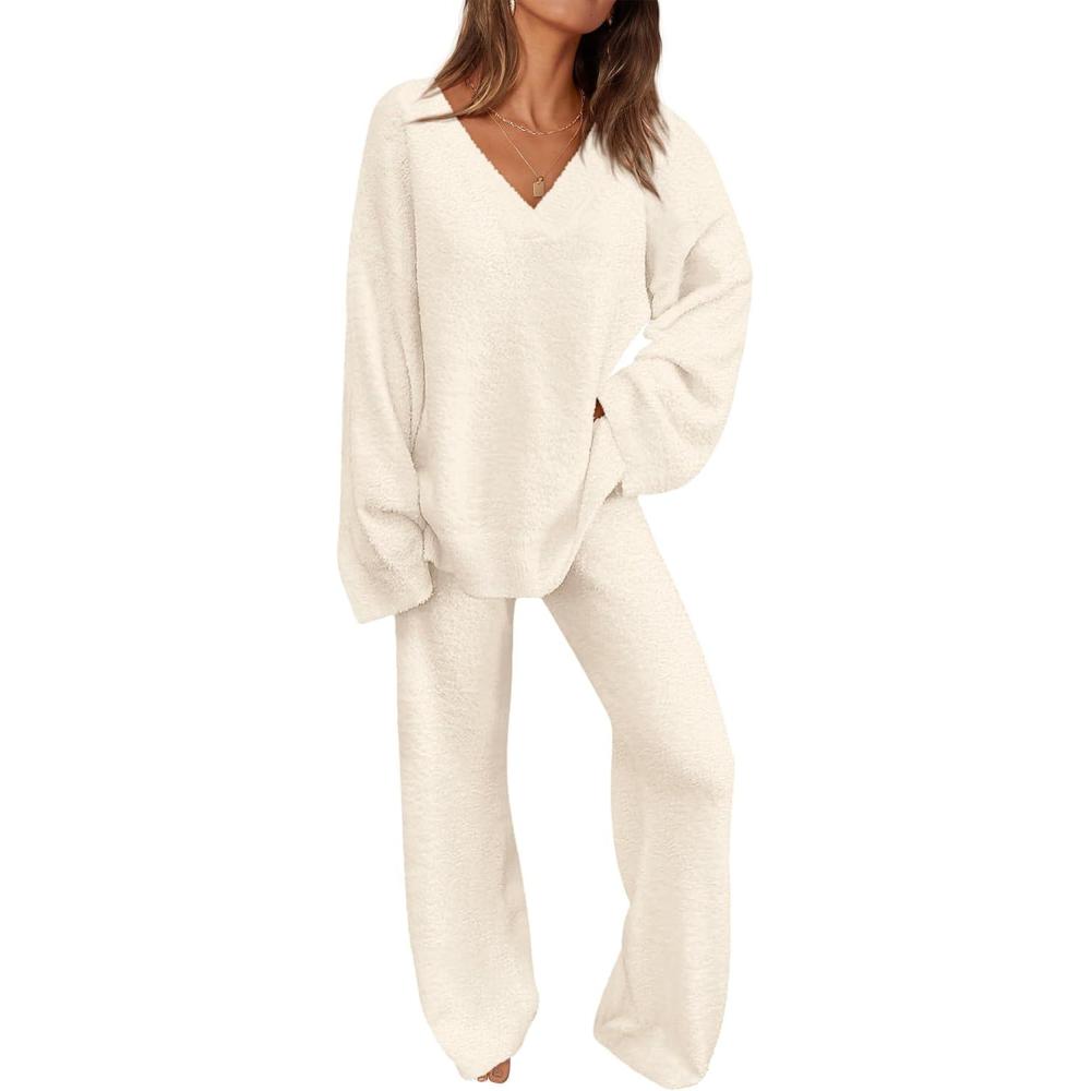 imagePRETTYGARDEN Lounge Sets for Women Two Piece Sweaters Pajama Set Fall Fashion 2026 Loungewear Outfits Matching Winter ClothesBeige