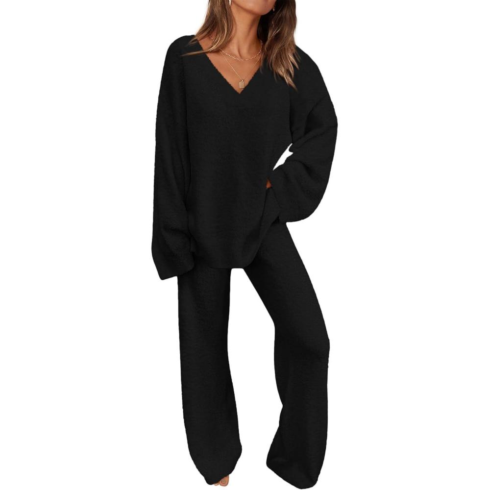 imagePRETTYGARDEN Lounge Sets for Women Two Piece Sweaters Pajama Set Fall Fashion 2026 Loungewear Outfits Matching Winter ClothesBlack
