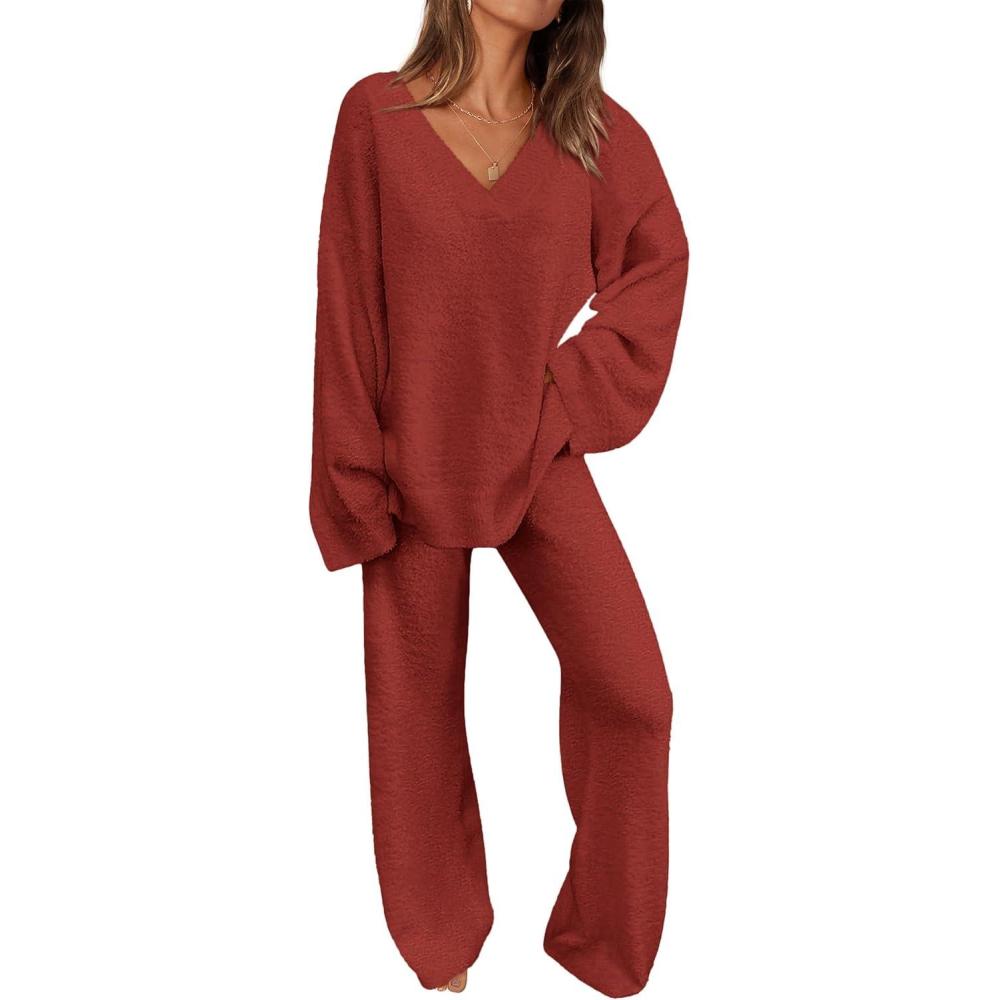 imagePRETTYGARDEN Lounge Sets for Women Two Piece Sweaters Pajama Set Fall Fashion 2026 Loungewear Outfits Matching Winter ClothesBrick Red