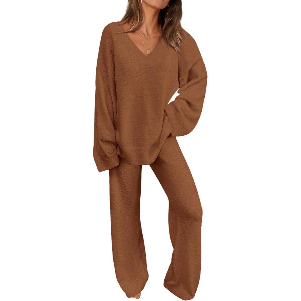 imagePRETTYGARDEN Lounge Sets for Women Two Piece Sweaters Pajama Set Fall Fashion 2026 Loungewear Outfits Matching Winter ClothesBrown