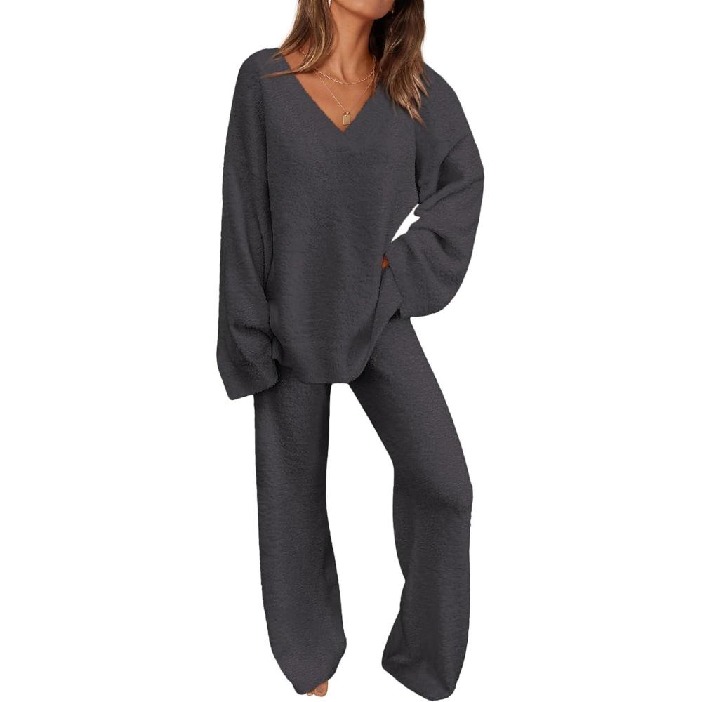 imagePRETTYGARDEN Lounge Sets for Women Two Piece Sweaters Pajama Set Fall Fashion 2026 Loungewear Outfits Matching Winter ClothesDark Grey