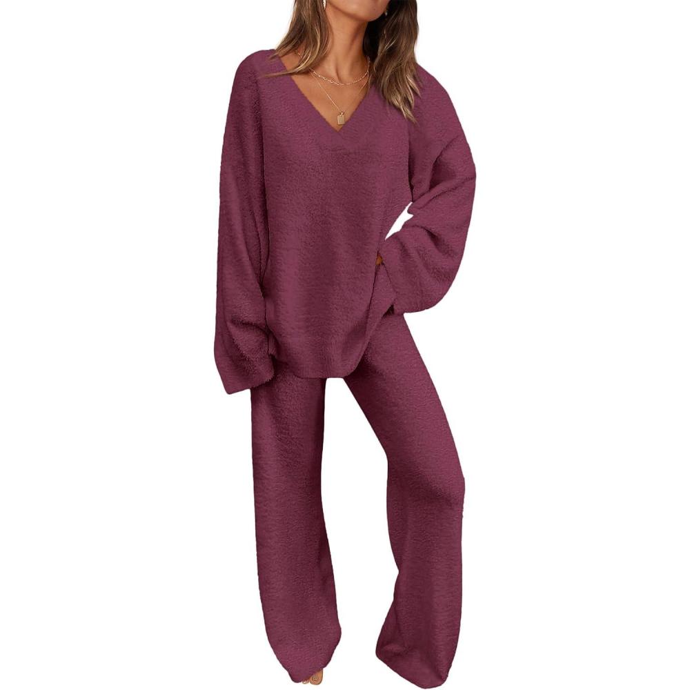 imagePRETTYGARDEN Lounge Sets for Women Two Piece Sweaters Pajama Set Fall Fashion 2026 Loungewear Outfits Matching Winter ClothesDark Purple