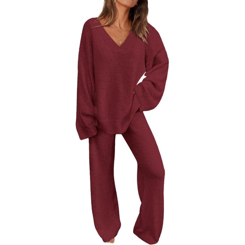 imagePRETTYGARDEN Lounge Sets for Women Two Piece Sweaters Pajama Set Fall Fashion 2026 Loungewear Outfits Matching Winter ClothesWine Red