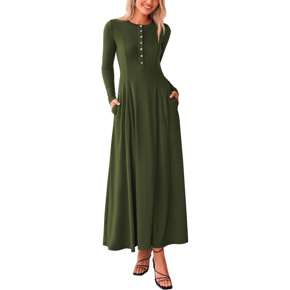 imagePRETTYGARDEN Maxi Dresses for Women 2025 Fall Casual Long Sleeve Button Fit and Flare Long Flowy Going Out DressArmy Green