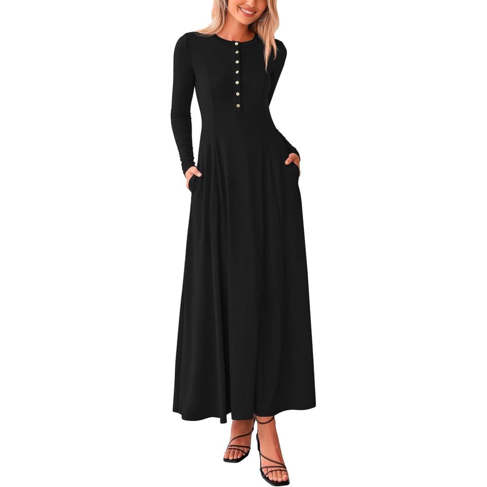 imagePRETTYGARDEN Maxi Dresses for Women 2025 Fall Casual Long Sleeve Button Fit and Flare Long Flowy Going Out DressBlack