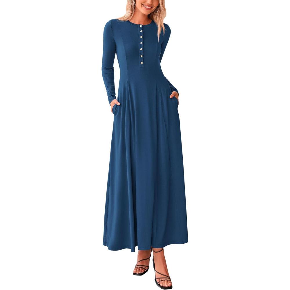 imagePRETTYGARDEN Maxi Dresses for Women 2025 Fall Casual Long Sleeve Button Fit and Flare Long Flowy Going Out DressDark Blue
