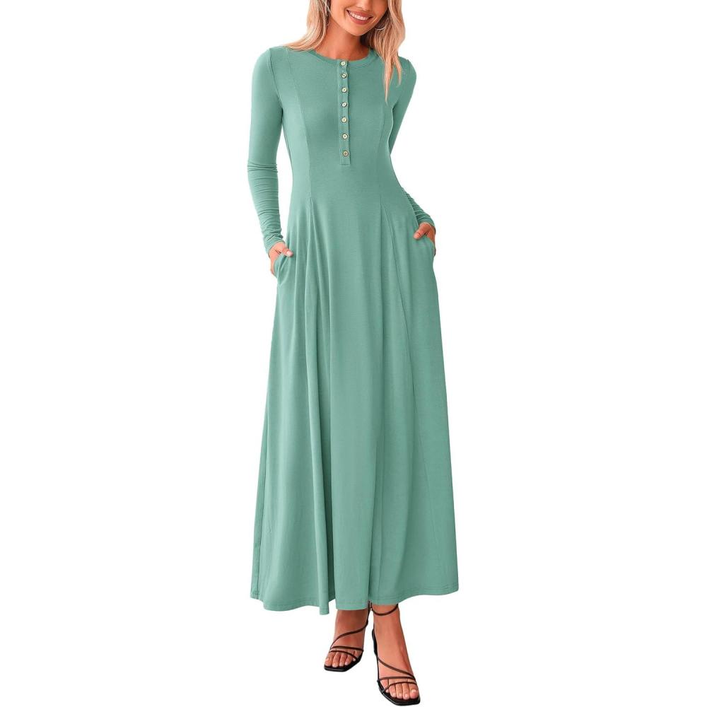 imagePRETTYGARDEN Maxi Dresses for Women 2025 Fall Casual Long Sleeve Button Fit and Flare Long Flowy Going Out DressFruit Green