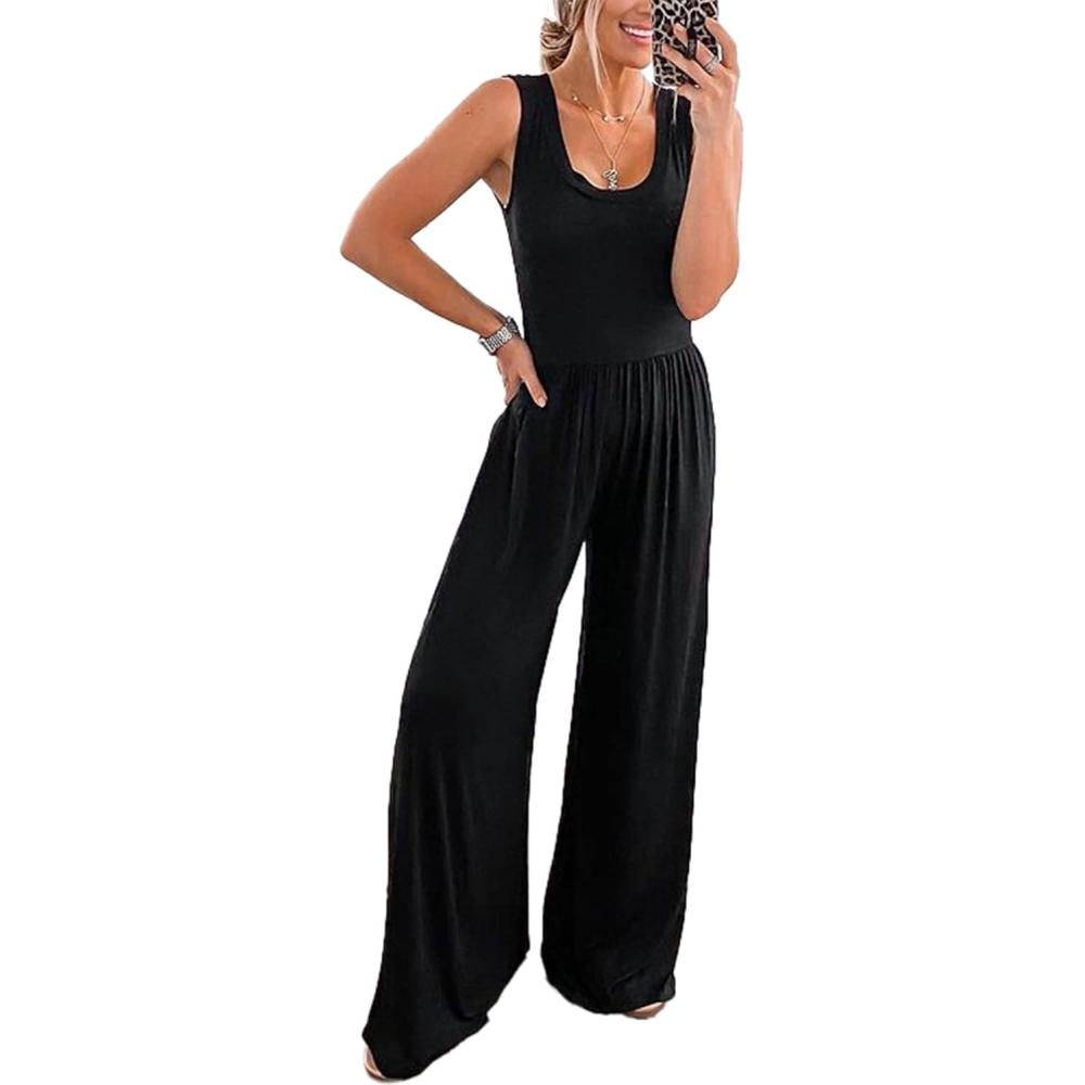 imagePRETTYGARDEN One Piece Jumpsuits 2026 Spring Sleeveless Tank Summer Casual Travel Airport Outfits Wide Leg Pants RompersBlack