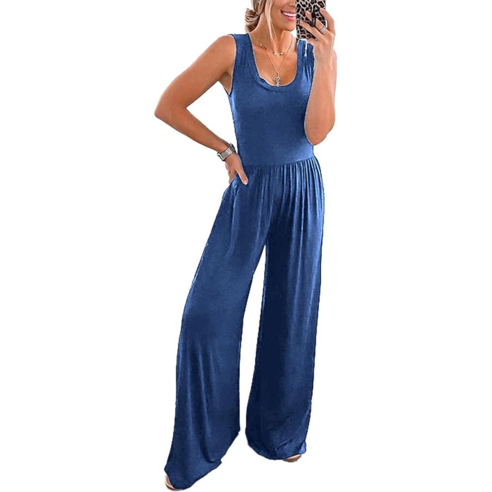 imagePRETTYGARDEN One Piece Jumpsuits 2026 Spring Sleeveless Tank Summer Casual Travel Airport Outfits Wide Leg Pants RompersBlue