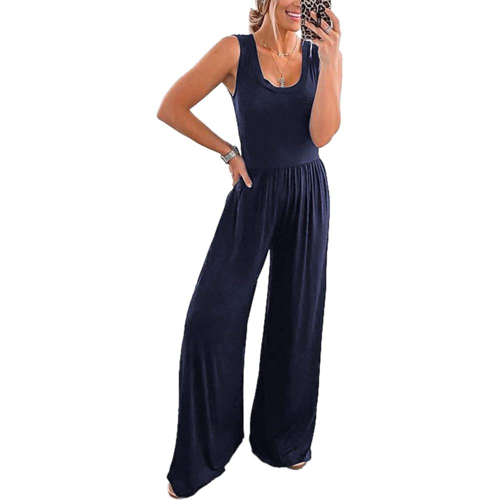imagePRETTYGARDEN One Piece Jumpsuits 2026 Spring Sleeveless Tank Summer Casual Travel Airport Outfits Wide Leg Pants RompersNavy