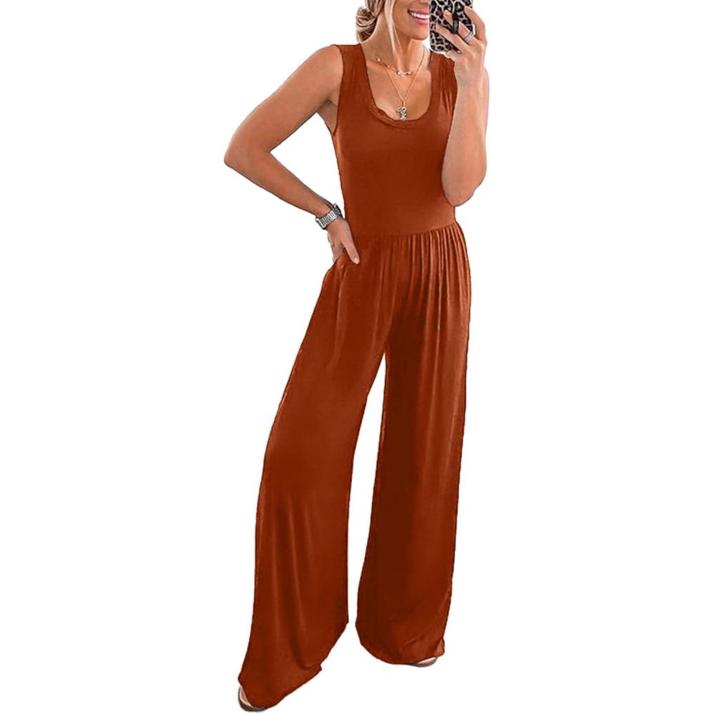 imagePRETTYGARDEN One Piece Jumpsuits 2026 Spring Sleeveless Tank Summer Casual Travel Airport Outfits Wide Leg Pants RompersOrange Red
