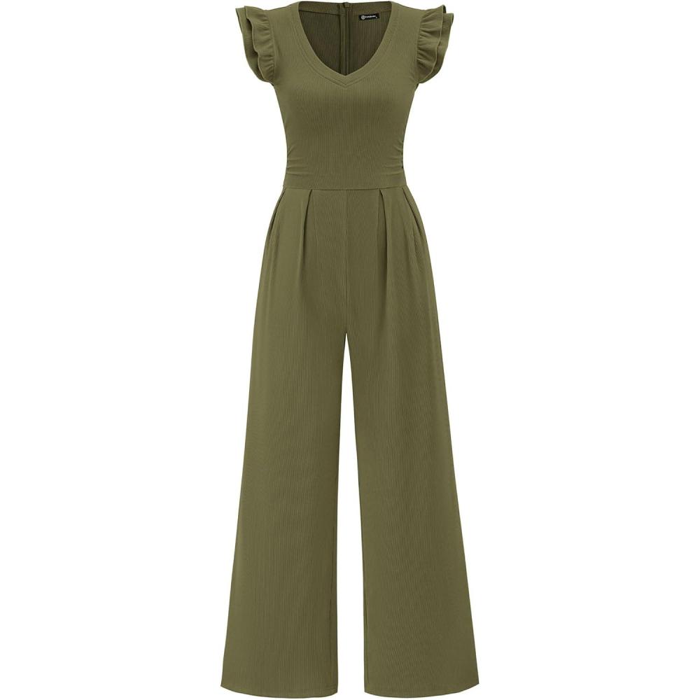 imagePRETTYGARDEN One Piece Jumpsuits For Women Dressy Ruffle Cap Sleeve V Neck Ribbed Knit Wide Leg Romper Casual Spring OutfitsArmy Green
