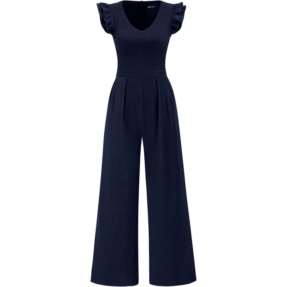 imagePRETTYGARDEN One Piece Jumpsuits For Women Dressy Ruffle Cap Sleeve V Neck Ribbed Knit Wide Leg Romper Casual Spring OutfitsNavy