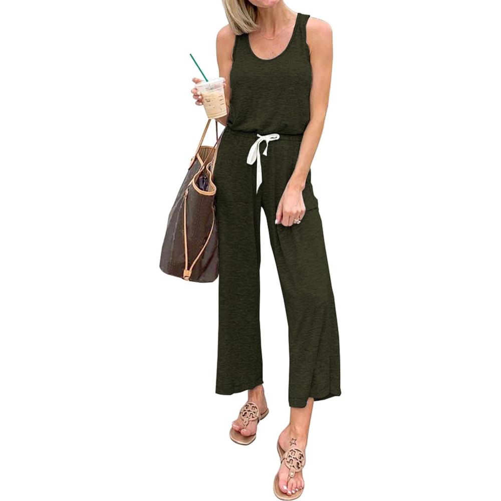 imagePRETTYGARDEN One Piece Jumpsuits for Women 2026 Summer Casual Drawstring Sleeveless Tank Romper Beach Vacation OutfitsZarmy Green