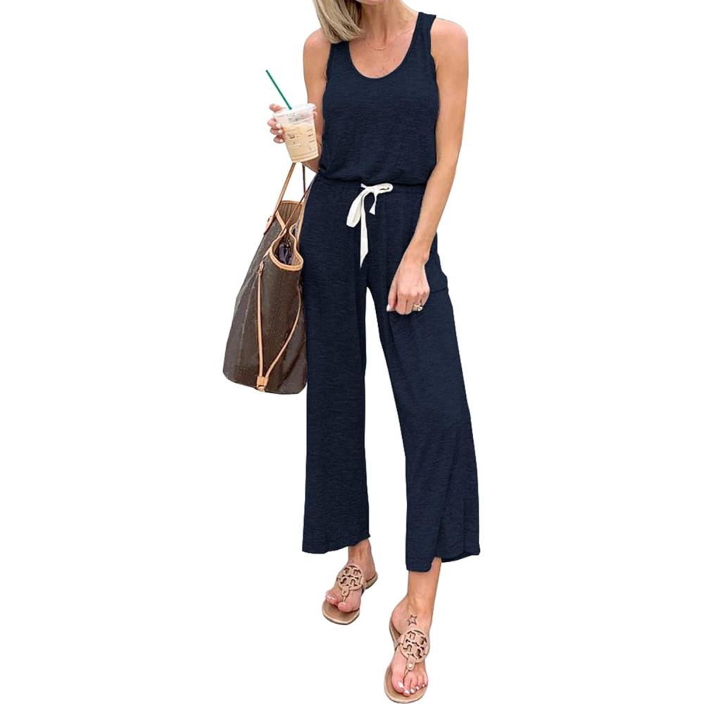 imagePRETTYGARDEN One Piece Jumpsuits for Women 2026 Summer Casual Drawstring Sleeveless Tank Romper Beach Vacation OutfitsZdark Blue