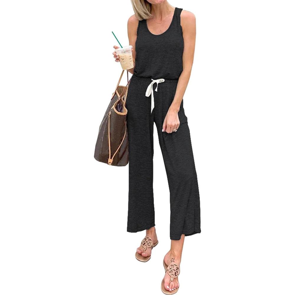 imagePRETTYGARDEN One Piece Jumpsuits for Women 2026 Summer Casual Drawstring Sleeveless Tank Romper Beach Vacation OutfitsZdark Grey