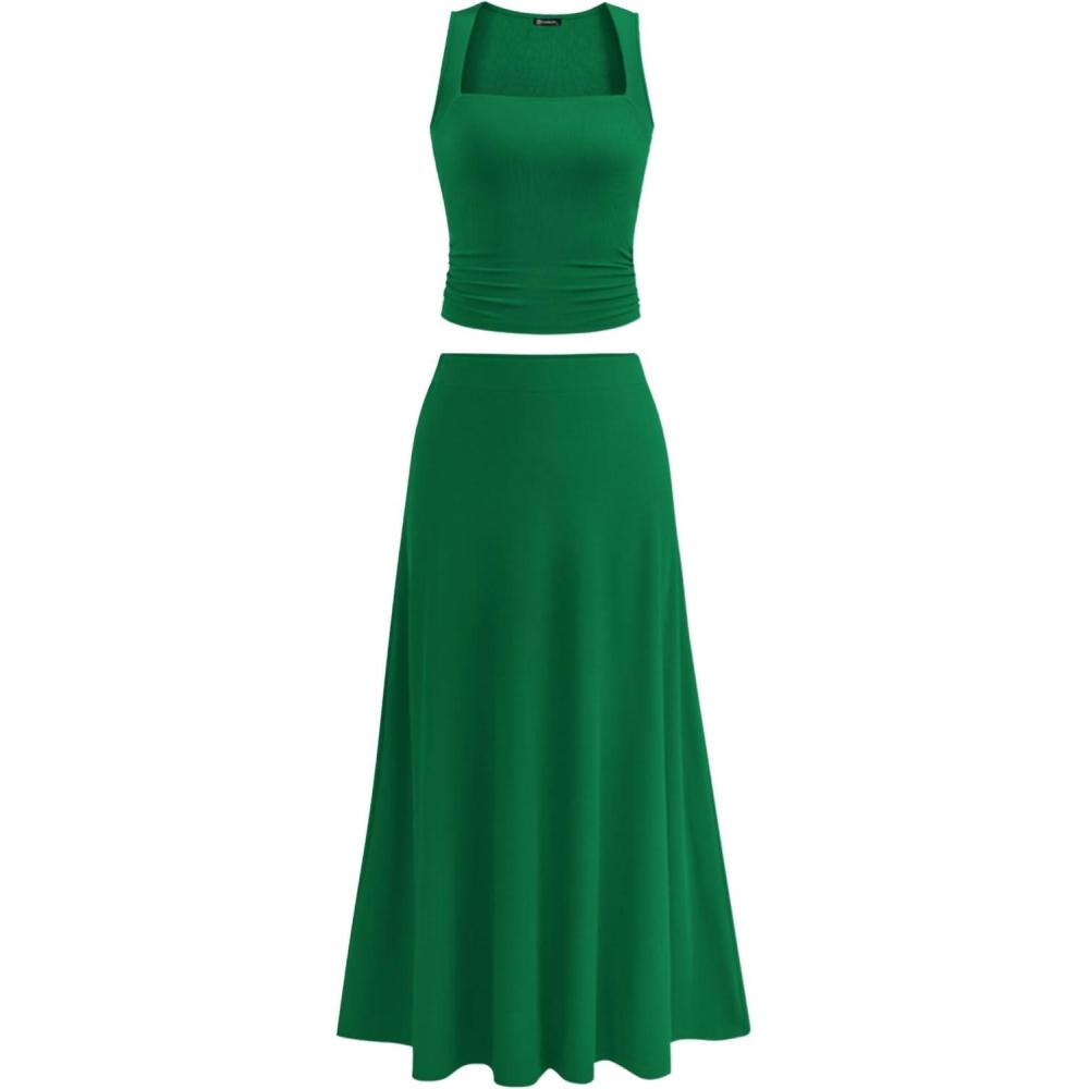 imagePRETTYGARDEN Skirt Sets Women 2 Piece Outfits 2025 Summer Casual Knit Tank Tops Flowy Midi Skirts Matching Vacation ClothesGreen