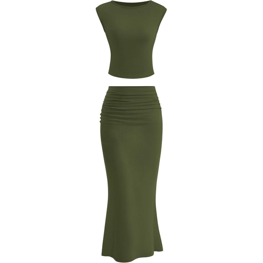 imagePRETTYGARDEN Skirt Sets Women 2 Piece Outfits Summer Outfits 2025 Going Out Crop Tops Long Maxi Skirts Beach Vacation ClothesArmy Green