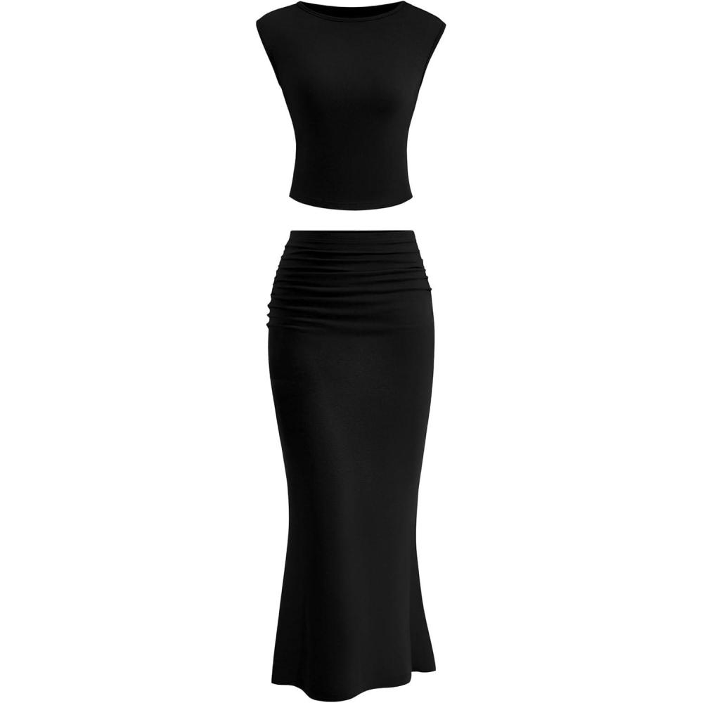 imagePRETTYGARDEN Skirt Sets Women 2 Piece Outfits Summer Outfits 2025 Going Out Crop Tops Long Maxi Skirts Beach Vacation ClothesBlack