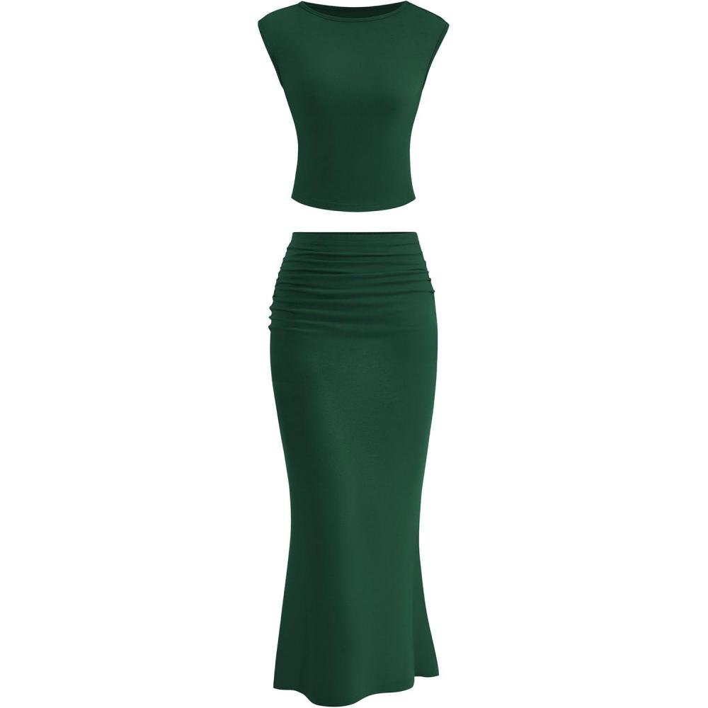 imagePRETTYGARDEN Skirt Sets Women 2 Piece Outfits Summer Outfits 2025 Going Out Crop Tops Long Maxi Skirts Beach Vacation ClothesDark Green
