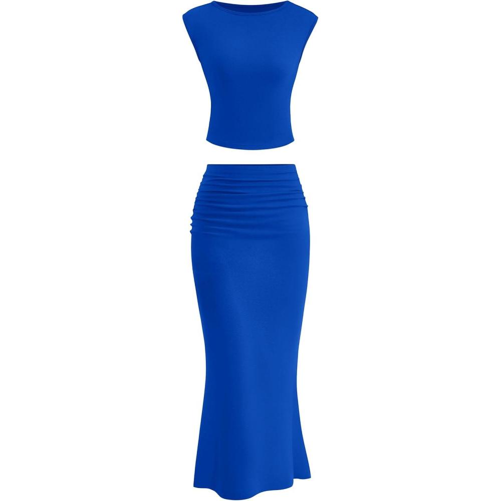 imagePRETTYGARDEN Skirt Sets Women 2 Piece Outfits Summer Outfits 2025 Going Out Crop Tops Long Maxi Skirts Beach Vacation ClothesRoyal Blue